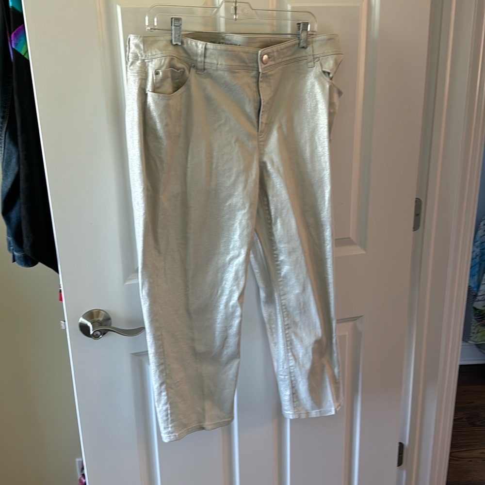 Chico’s Platinum silver sheen crop jeans